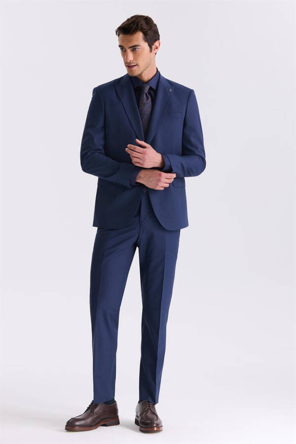 Navy Blue Classic Fit Pointed Collar Wool Suit Dress - 5