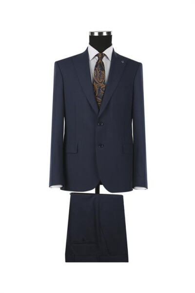 Navy Blue Classic Fit Pointed Collar Wool Suit Dress - 9