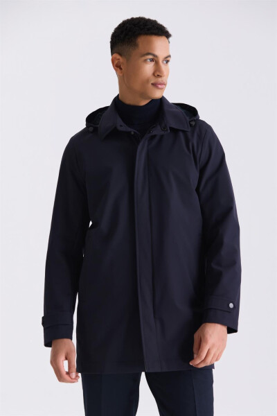 Navy Blue Comfort Fit Hooded Concealed Zipper Classic Model Jacket - 5