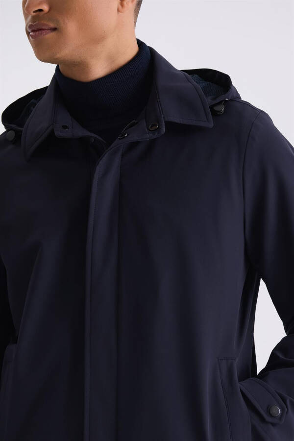 Navy Blue Comfort Fit Hooded Concealed Zipper Classic Model Jacket - 7