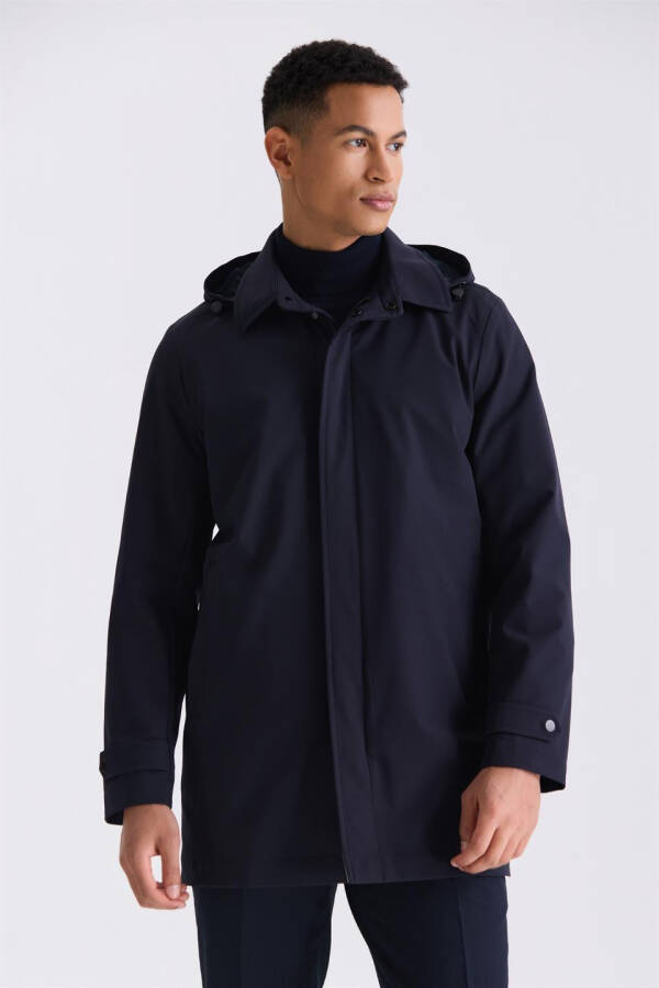 Navy Blue Comfort Fit Hooded Concealed Zipper Classic Model Jacket - 1