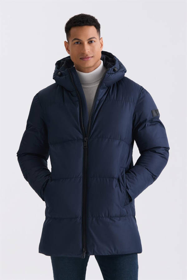 Navy Blue Comfort Fit Hooded Full Down Winter Jacket - 1