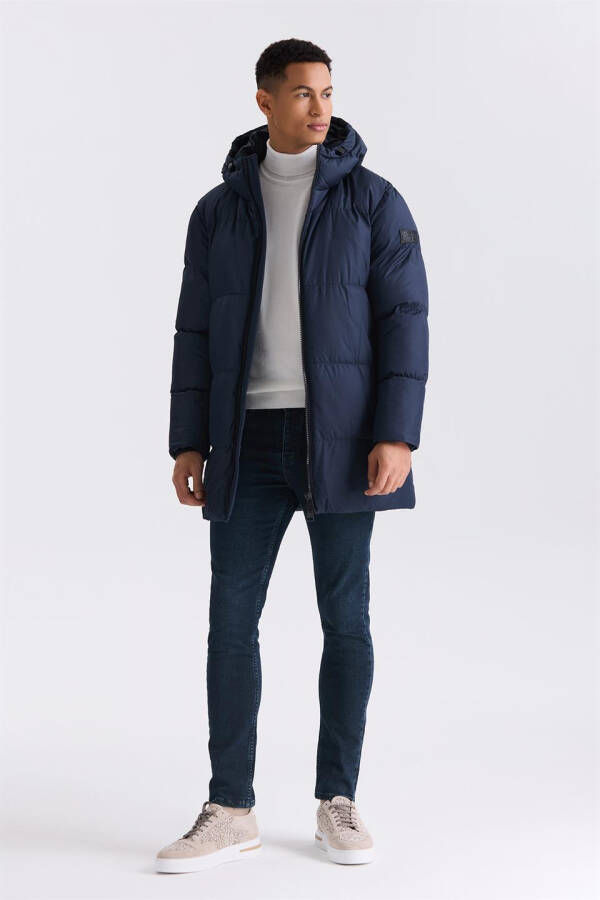 Navy Blue Comfort Fit Hooded Full Down Winter Jacket - 2