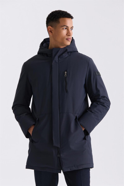 Navy Blue Comfort Fit Hooded Hidden Zipper Winter Jacket - 5