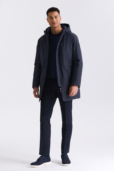 Navy Blue Comfort Fit Hooded Hidden Zipper Winter Jacket - 6