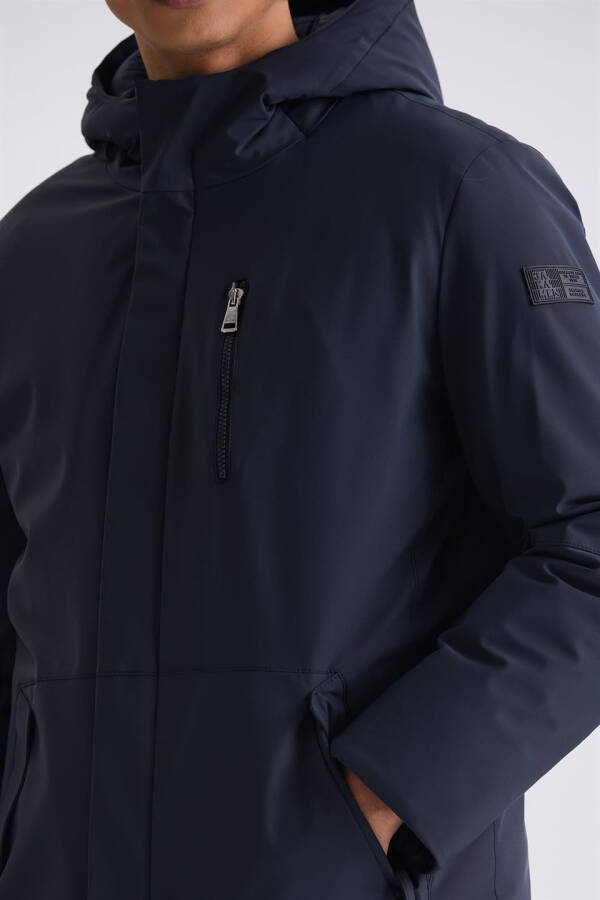 Navy Blue Comfort Fit Hooded Hidden Zipper Winter Jacket - 7