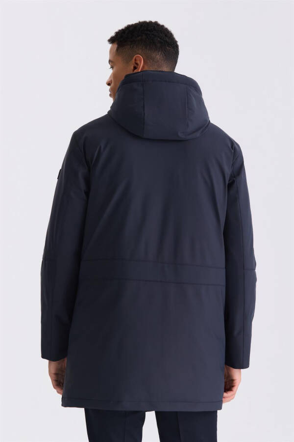 Navy Blue Comfort Fit Hooded Hidden Zipper Winter Jacket - 8