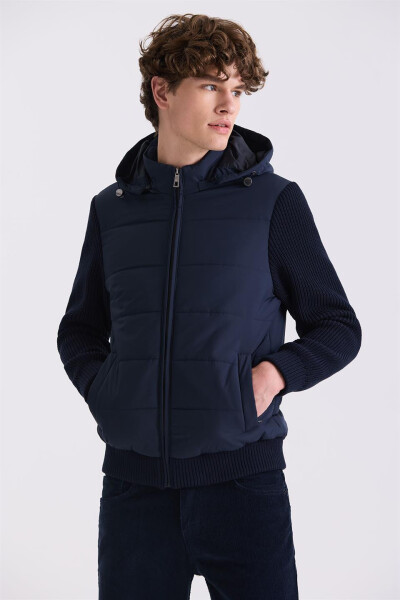 Navy Blue Comfort Fit Hooded Knit Sleeves Winter Jacket - 5