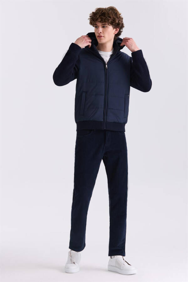 Navy Blue Comfort Fit Hooded Knit Sleeves Winter Jacket - 6