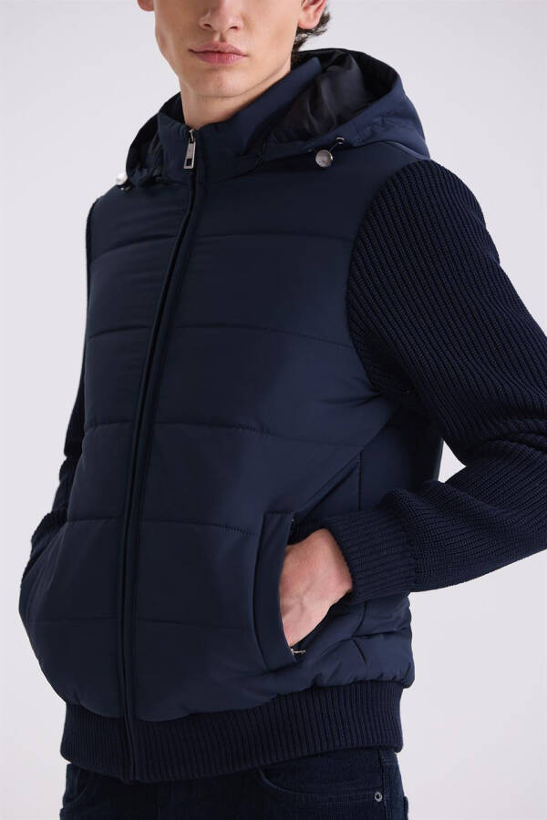 Navy Blue Comfort Fit Hooded Knit Sleeves Winter Jacket - 7