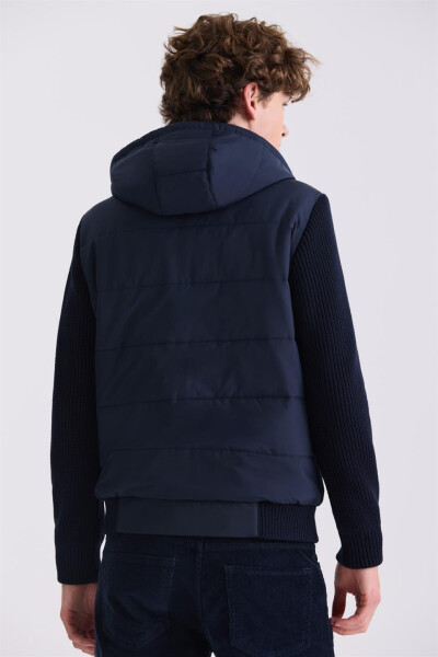 Navy Blue Comfort Fit Hooded Knit Sleeves Winter Jacket - 8