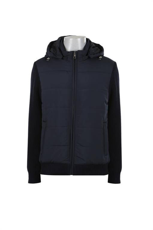 Navy Blue Comfort Fit Hooded Knit Sleeves Winter Jacket - 9