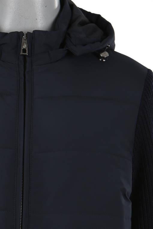 Navy Blue Comfort Fit Hooded Knit Sleeves Winter Jacket - 10