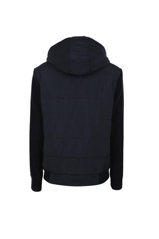 Navy Blue Comfort Fit Hooded Knit Sleeves Winter Jacket - 11