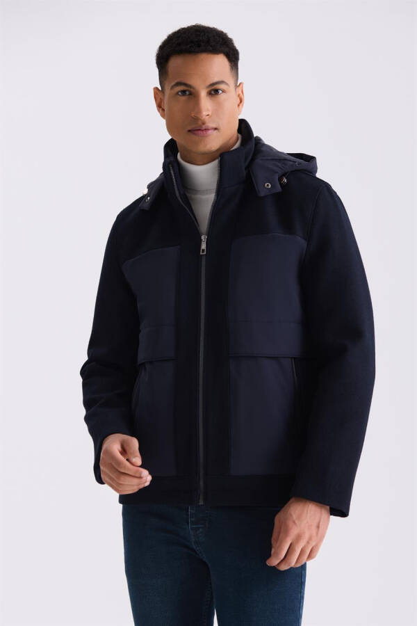 Navy Blue Comfort Fit Hooded Zipper Detail Winter Jacket - 5