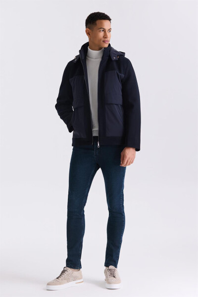 Navy Blue Comfort Fit Hooded Zipper Detail Winter Jacket - 6