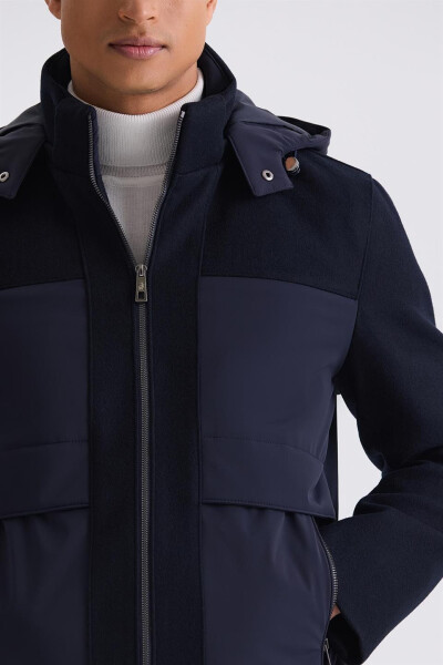 Navy Blue Comfort Fit Hooded Zipper Detail Winter Jacket - 7