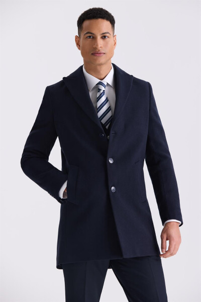 Navy Blue Comfort Fit Peak Lapel Cashmere Coat - 5