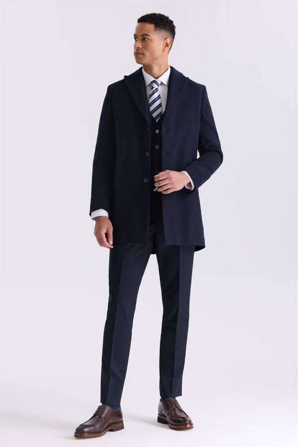 Navy Blue Comfort Fit Peak Lapel Cashmere Coat - 6