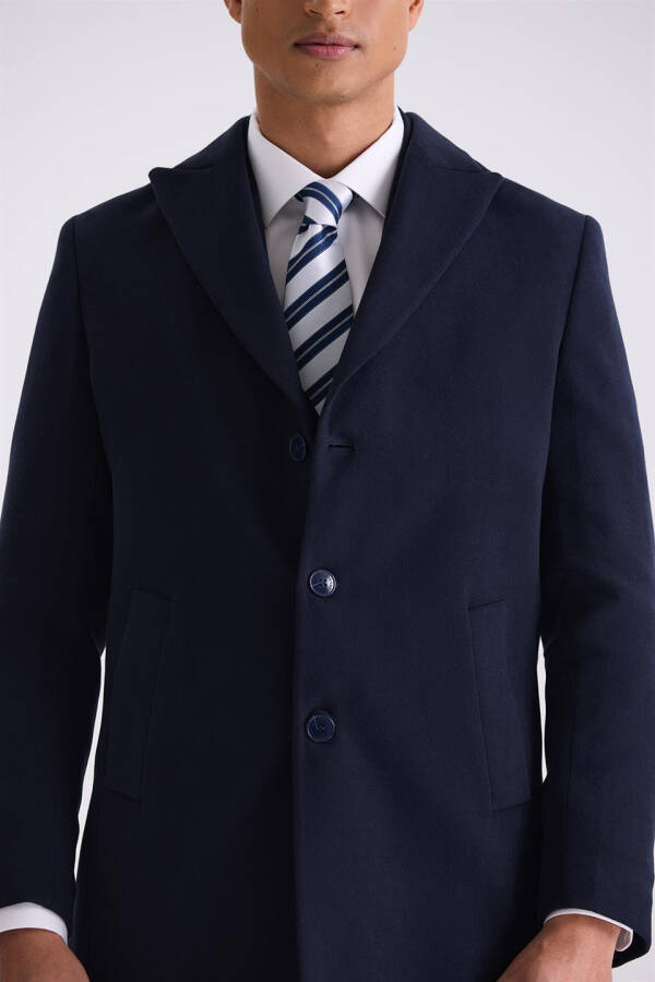 Navy Blue Comfort Fit Peak Lapel Cashmere Coat - 7