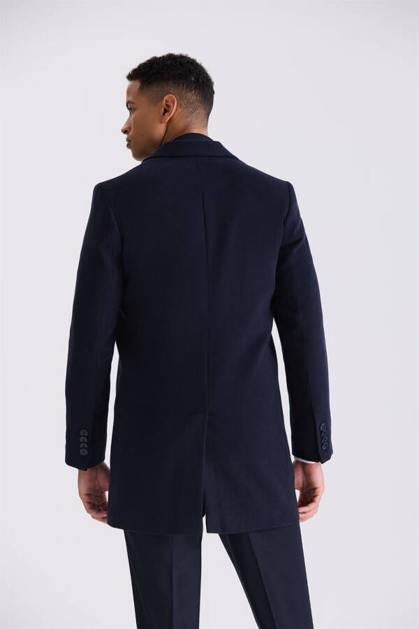 Navy Blue Comfort Fit Peak Lapel Cashmere Coat - 8