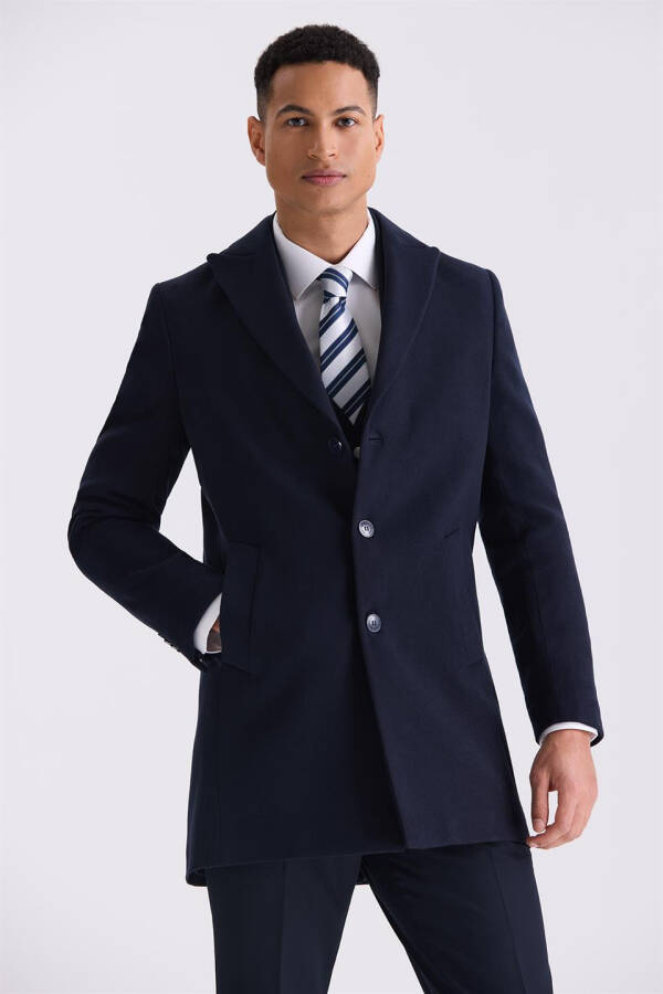 Navy Blue Comfort Fit Peak Lapel Cashmere Coat - 1