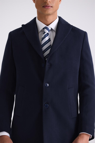 Navy Blue Comfort Fit Peak Lapel Cashmere Coat - 3