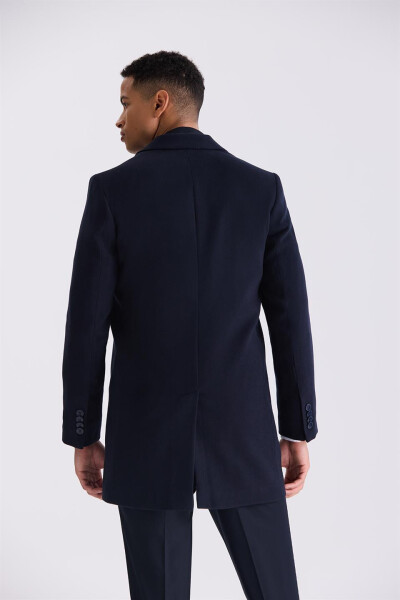 Navy Blue Comfort Fit Peak Lapel Cashmere Coat - 4