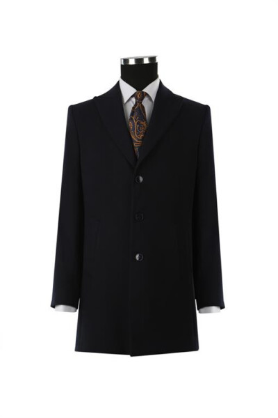 Navy Blue Comfort Fit Peak Lapel Cashmere Coat - 9