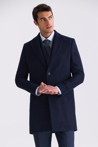 Navy Blue Comfort Fit Single Breasted Side Pocket Wool Coat - 1