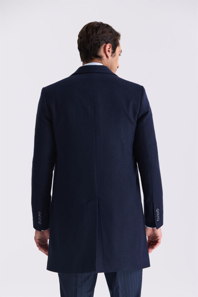 Navy Blue Comfort Fit Single Breasted Side Pocket Wool Coat - 4