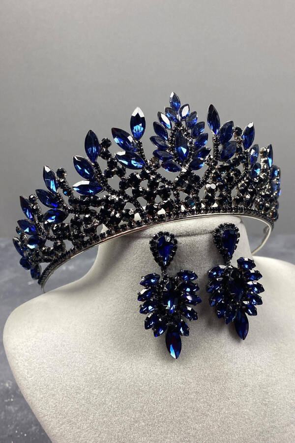 Navy Blue Danver Stone Bridal Henna Crown and Earring Set - 9