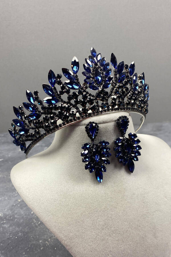 Navy Blue Danver Stone Bridal Henna Crown and Earring Set - 11