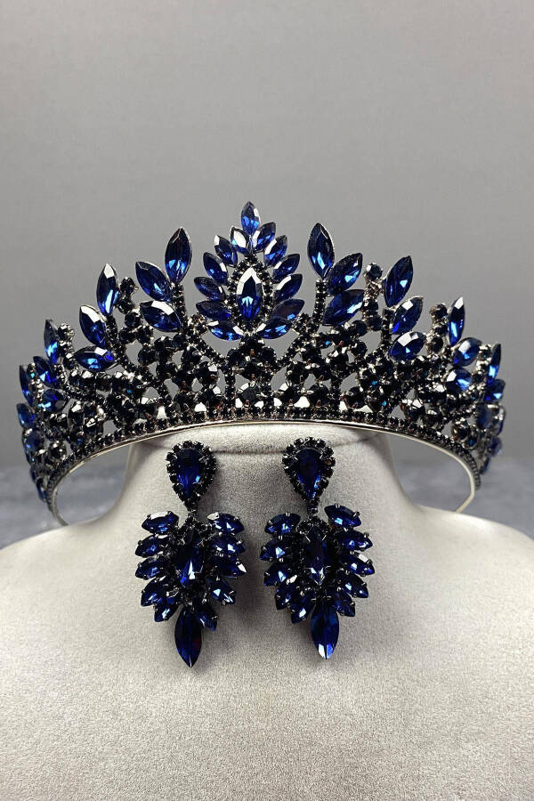 Navy Blue Danver Stone Bridal Henna Crown and Earring Set - 12