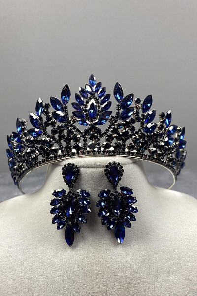 Navy Blue Danver Stone Bridal Henna Crown and Earring Set - 8