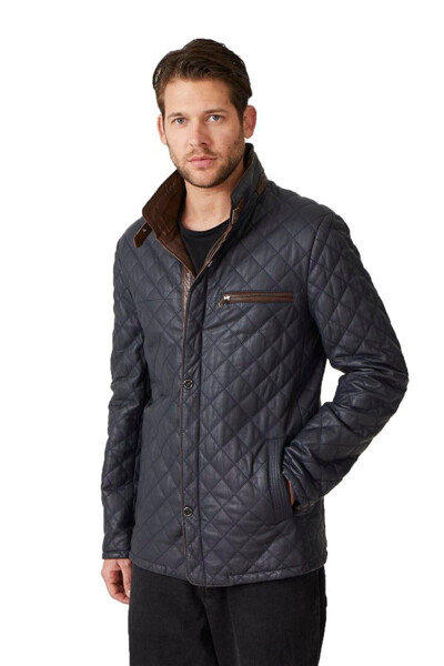 Navy blue genuine leather, quilted, lined, zippered men's coat. - 1