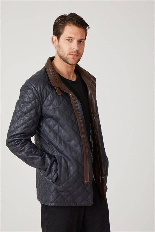 Navy blue genuine leather, quilted, lined, zippered men's coat. - 2