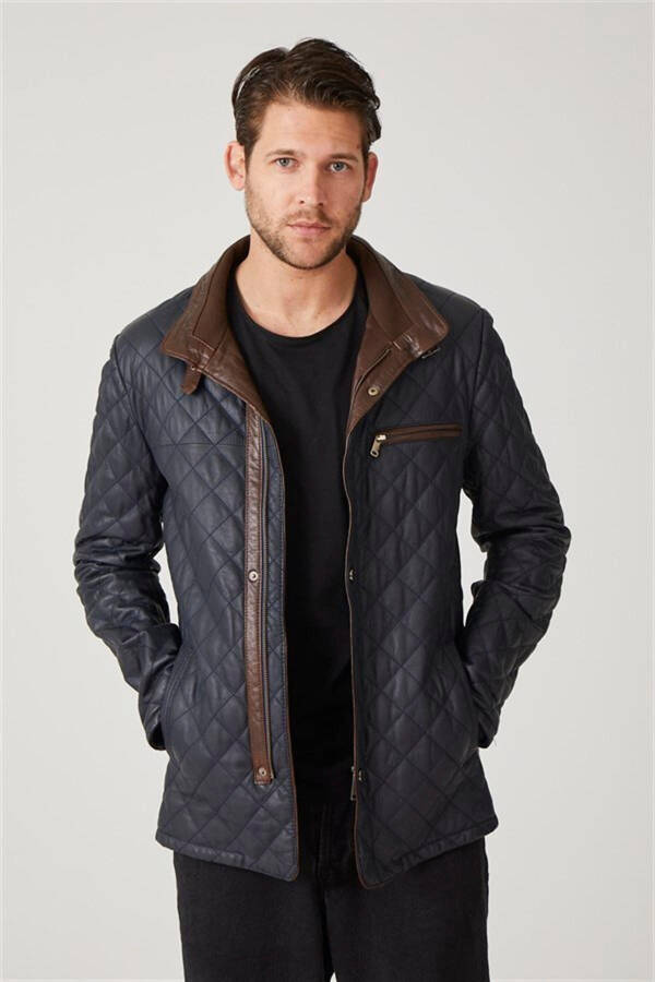 Navy blue genuine leather, quilted, lined, zippered men's coat. - 3