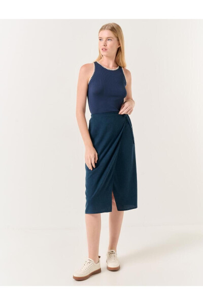 Navy Blue High Waisted Slit Midi Linen Skirt - 13