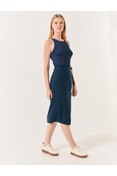 Navy Blue High Waisted Slit Midi Linen Skirt - 16