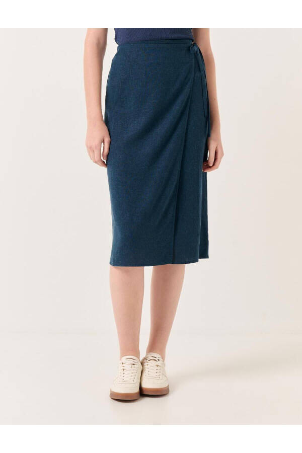 Navy Blue High Waisted Slit Midi Linen Skirt - 17