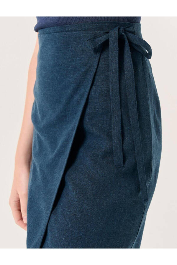 Navy Blue High Waisted Slit Midi Linen Skirt - 8