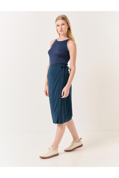 Navy Blue High Waisted Slit Midi Linen Skirt - 9