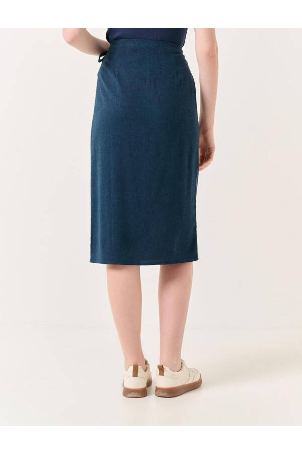 Navy Blue High Waisted Slit Midi Linen Skirt - 6