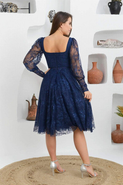 Navy Blue Lace Square Neck Engagement Dress - 5