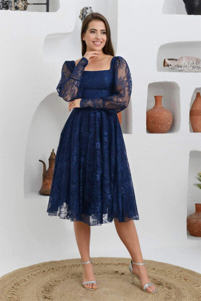 Navy Blue Lace Square Neck Engagement Dress - 8