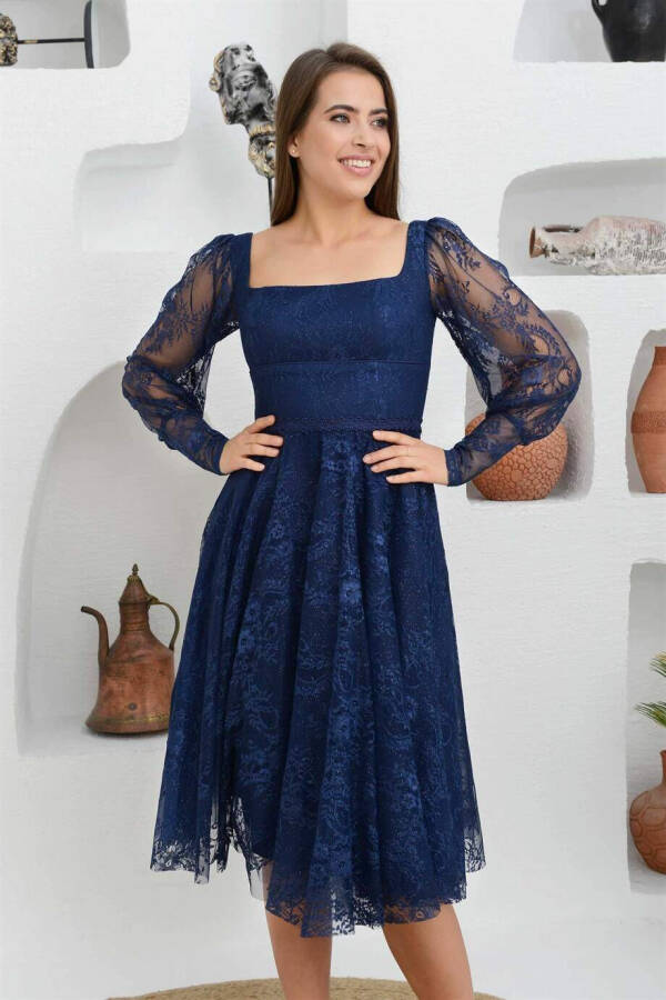 Navy Blue Lace Square Neck Engagement Dress - 9