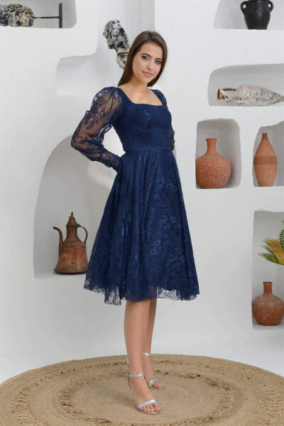 Navy Blue Lace Square Neck Engagement Dress - 10