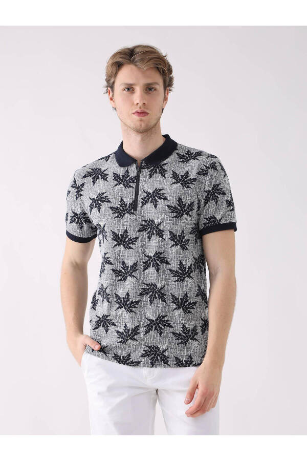 Navy blue leaf print polo shirt - 1