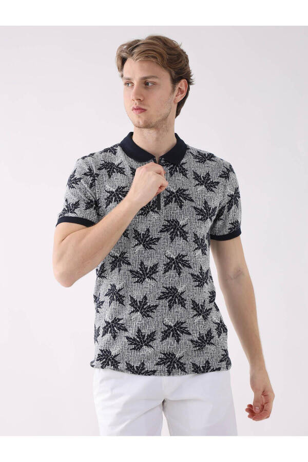 Navy blue leaf print polo shirt - 2